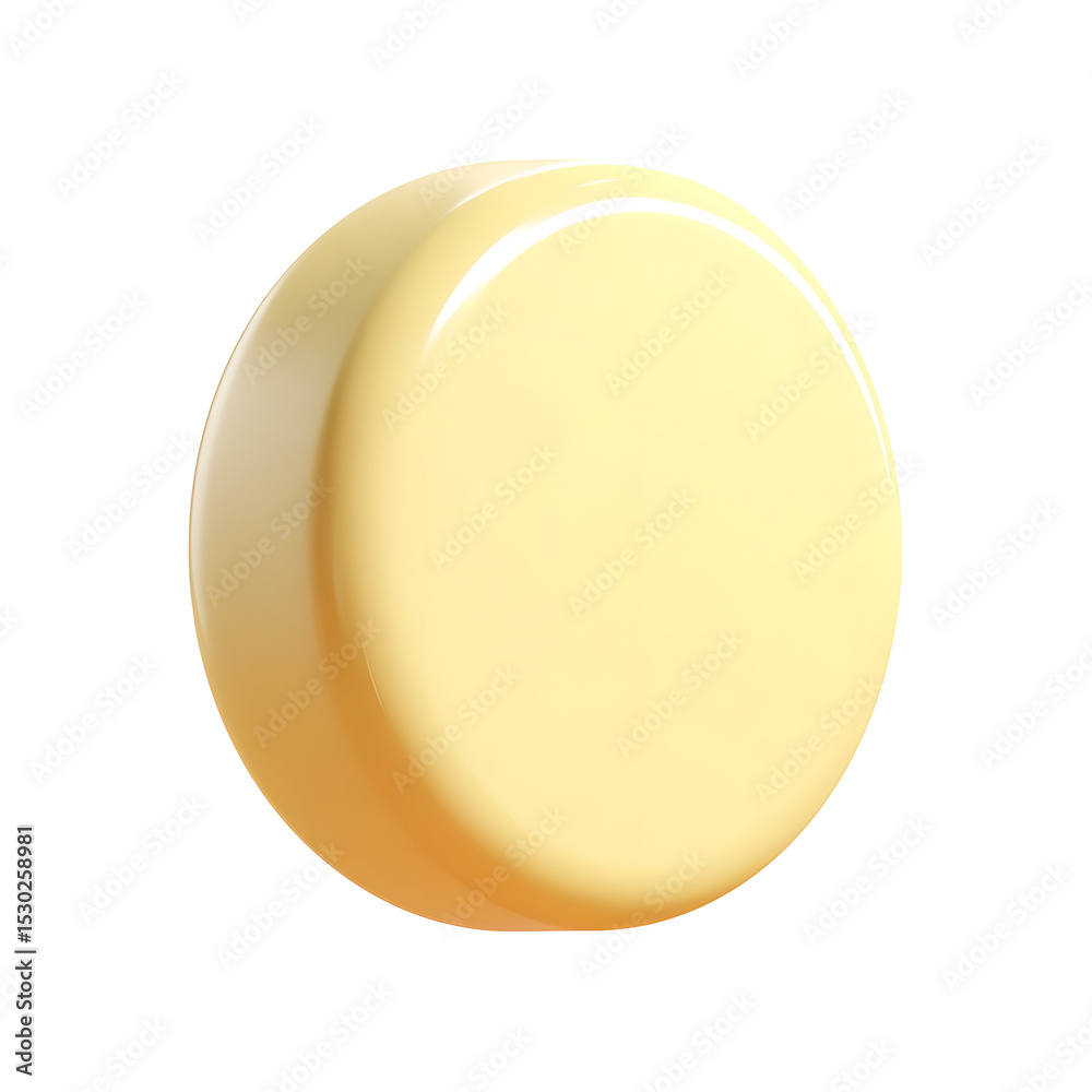 Poster a light yellow smooth and glossy disc shaped toy with a soft pastel plastic texture and a clean mini