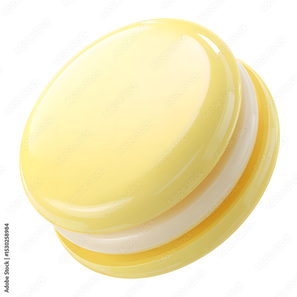 Poster a soft rounded 3d toy disc with a smooth pastel yellow plastic texture and a simple minimalist desig