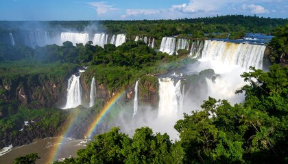 Majestic waterfalls cascade into the lush jungle, showcasing a vibrant rainbow amidst misty air.