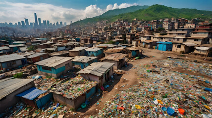 Aerial drone view of an expansive slum settlement filled with piles of garbage, plastic waste, and debris. The image shows densely packed makeshift houses with tin roofs and worn-out structures in con