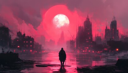 Fototapeta premium Lone Figure Walks in Dystopian Cityscape Under Red Sun Sci-Fi Art