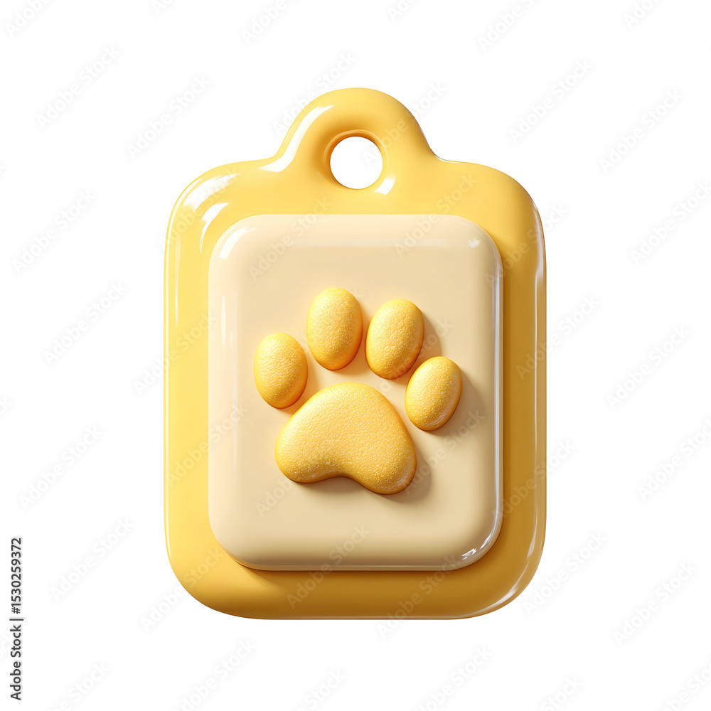 Poster A light yellow plastic pet ID tag with a simple paw print icon in a soft rounded cartoon like design on a transparent background
