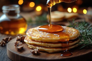 Warm maple syrup cascades over fluffy pancakes in a cozy rustic breakfast setting, inviting taste and comfort