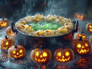 A cauldron of bubbling green liquid sits amidst glowing jack-o'-lanterns, smoke rising from the concoction in a dark, atmospheric setting