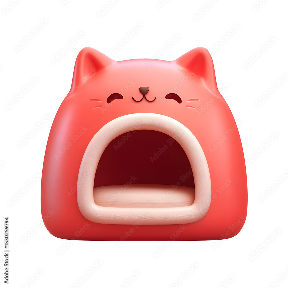 Poster whimsical 3d icon depicting a cozy and rounded cat house in a pastel pink color with a soft plastic 