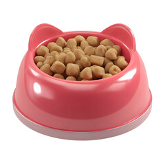 Vibrant red pet bowl filled with nutritious dry cat food pellets designed with a soft pastel plastic texture and rounded cartoon inspired style