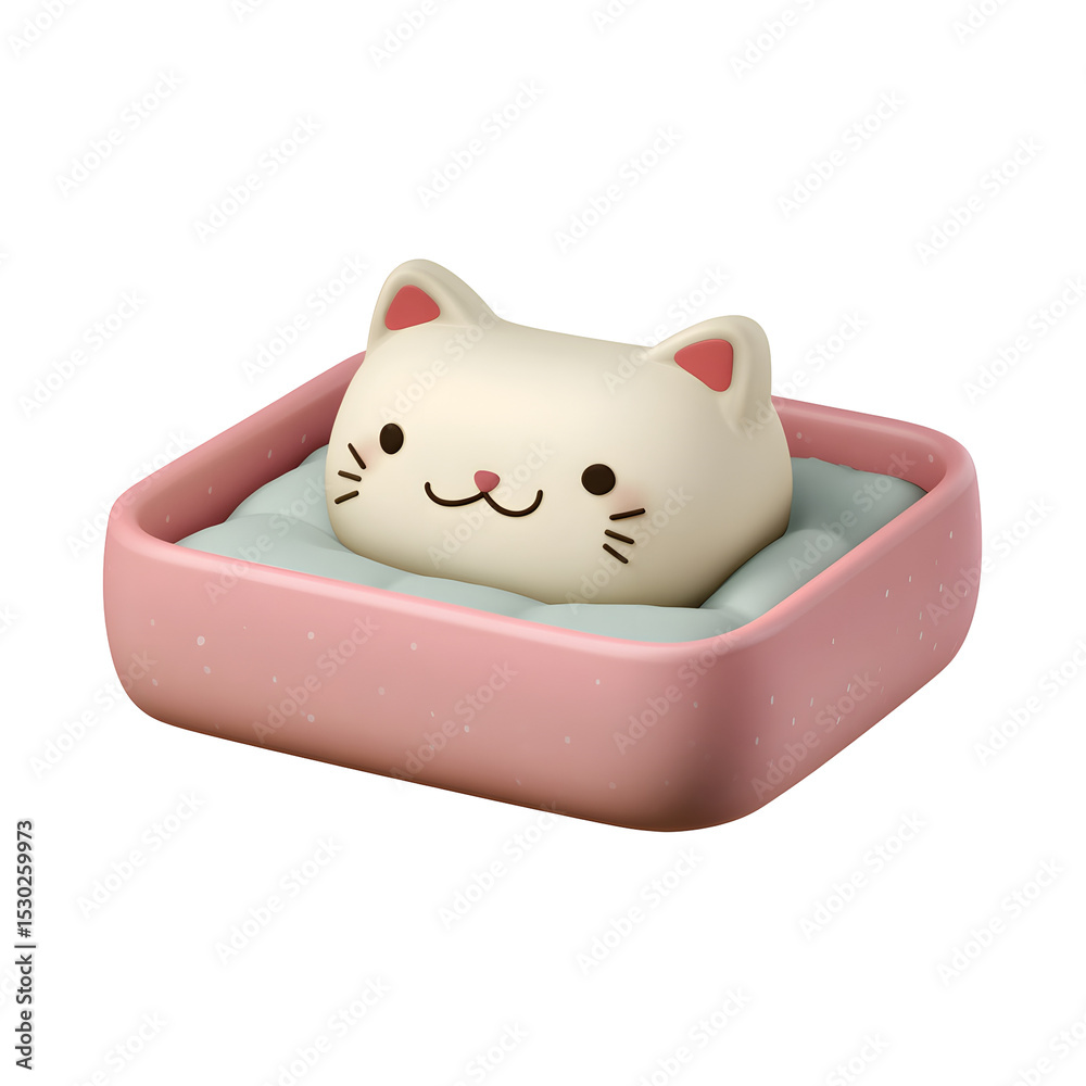 Poster adorable ceramic cat bed in a soft pastel pink color featuring a rounded cartoon inspired design wit