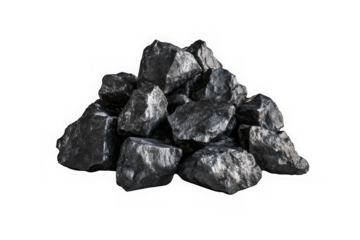 Pile of shiny coal rocks, energy resource, fossil fuel, carbon nuggets, mining material, raw ore, mineral specimen, geology isolated on transparent background