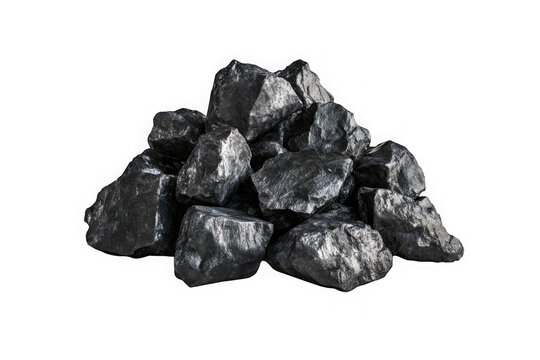 Pile of shiny coal rocks, energy resource, fossil fuel, carbon nuggets, mining material, raw ore, mineral specimen, geology isolated on transparent background