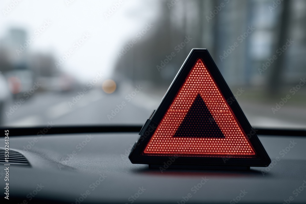 Poster Warning Signal Illuminated on Dashboard Indicating Potential Vehicle Issue in a Modern Car