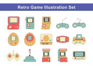 Retro Game Console and Controller Icon Illustration Set in Flat Style
