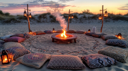 Patterned Rug Circle and Lantern Poles at Dusk Creating Intimate Atmosphere of Sommerwerft Gathering