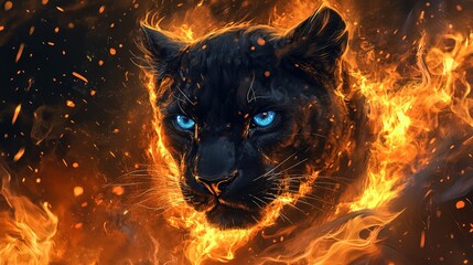 Black leopard with blue eyes emitting red neon lights from fur and tail, surrounded by dark smoke and glowing embers with abstract colorful explosion background in fantasy animal concept art
