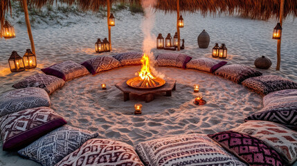 Patterned Rug Circle and Lantern Poles at Dusk Creating Intimate Atmosphere of Sommerwerft Gathering