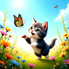 kitten chasing a butterfly in a meadow.