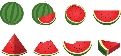 Watermelon illustration set. Vector cartoon collection of watermelon and slice of watermelon. Fresh fruit healthy.