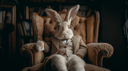 A rabbit in a suit sits in a plush armchair, business bunny