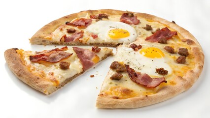Sliced Breakfast Pizza with Bite on White Background