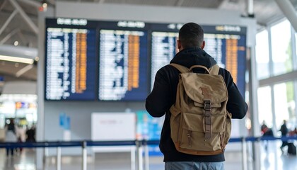 Rear view of a man looking at flight schedule board with a backpack in a modern airport terminal