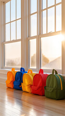 Cheerful Classroom Filled With Enthusiastic Students Holding Colorful Backpacks Chatting With Their Teacher During the Sunny Morning