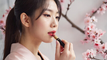 Asian Woman Applying Lipstick in Front of Blossoming Cherry Tree Branches in Soft Lighting. Image made using Generative AI.