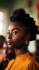 Confident African American Woman in Front of Historical Civil Rights Backdrop Showcasing Strength and Resilience in Soft Light
