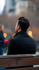 Thoughtful Man Holding a Rose on a Park Bench While Enjoying a Serene Moment Amidst Lively Conversation