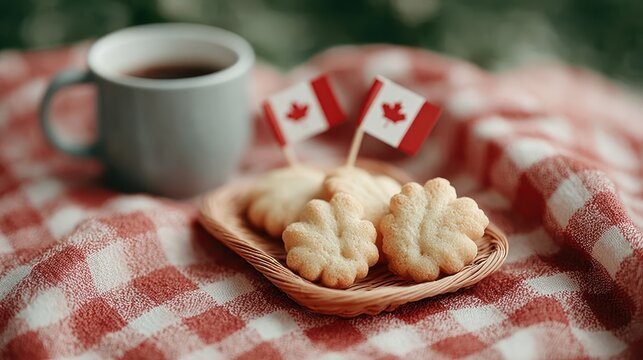 Celebrating Canada Day with a picnic on a sunny summer day featuring maple leaf cookies and festive decorations