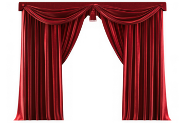 Elegant red velvet curtains for theater stage, window treatment, or photography backdrop isolated on transparent background