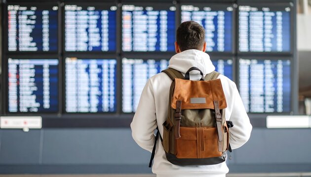 Man in hoodie observes the airport flight schedule board with backpack in a bright modern airport.