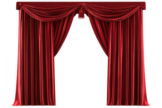 Elegant red velvet curtains for theater stage, window treatment, or photography backdrop isolated on transparent background