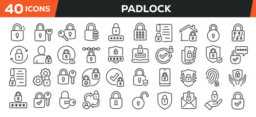 Padlock icons set. Web line icons collection lock, security, protection. Editable stroke. Perfect pixel vector illustration isolated on white background.