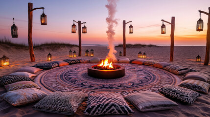 Patterned Rug Circle and Lantern Poles at Dusk Creating Intimate Atmosphere of Sommerwerft Gathering