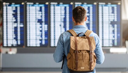 A young man with a backpack attentively examines a flight schedule board at the airport terminal.