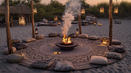 Patterned Rug Circle and Lantern Poles at Dusk Creating Intimate Atmosphere of Sommerwerft Gathering