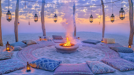 Patterned Rug Circle and Lantern Poles at Dusk Creating Intimate Atmosphere of Sommerwerft Gathering