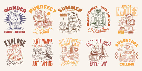 Vintage camping cat t-shirt design bundle. Cat adventure graphic tee for print. Retro summer outdoor vector set, retro illustration for apparel design. Cat lover design collection for merch	