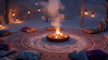 Patterned Rug Circle and Lantern Poles at Dusk Creating Intimate Atmosphere of Sommerwerft Gathering