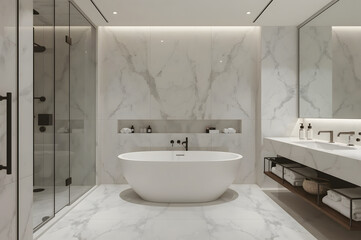 A high-end bathroom featuring a marble-clad soaking tub, floating vanity, and sleek modern finishes, exuding timeless elegance.
