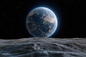Planet earth view from the moon surface with stars in the distant space scenery