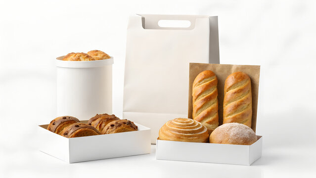 Freshly Baked Goods in White Packaging on White Background for Bakery