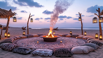 Patterned Rug Circle and Lantern Poles at Dusk Creating Intimate Atmosphere of Sommerwerft Gathering