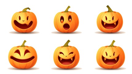 Halloween pumpkin faces vector illustration set of carved pumpkins with different expressions and emotions