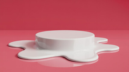 3d render of a white podium with fluid droplets on a glossy pink surface