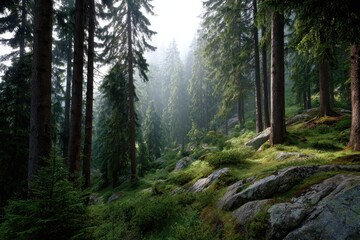 Fototapeta premium A tranquil scene of tall trees in a lush forest with fog in the distance view scene
