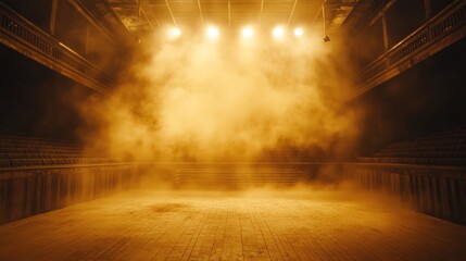 Empty Theater Stage with Golden Lighting and Smoke