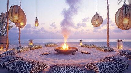 Patterned Rug Circle and Lantern Poles at Dusk Creating Intimate Atmosphere of Sommerwerft Gathering