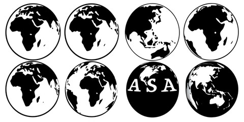 Fototapeta premium Eight black and white world globe illustrations