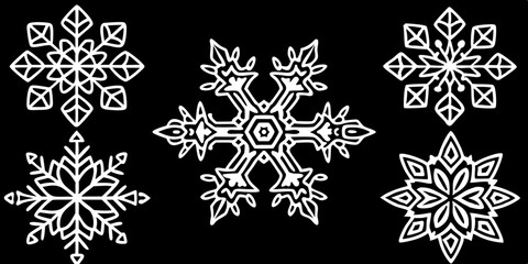 Five unique white snowflakes on black background