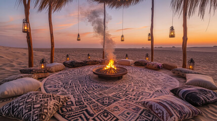 Patterned Rug Circle and Lantern Poles at Dusk Creating Intimate Atmosphere of Sommerwerft Gathering